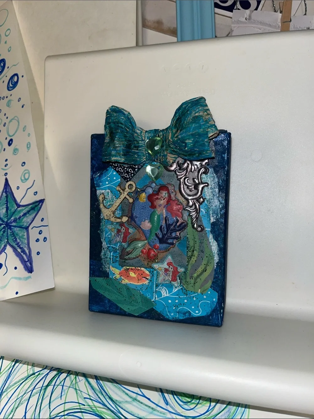 1of a kind new upcycled Handmade Mermaid ocean Mixed-Media treasure art card box